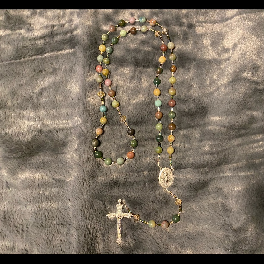 Guardian Angel Indian Agate Semi-precious stone and crystal Rosary Necklace.